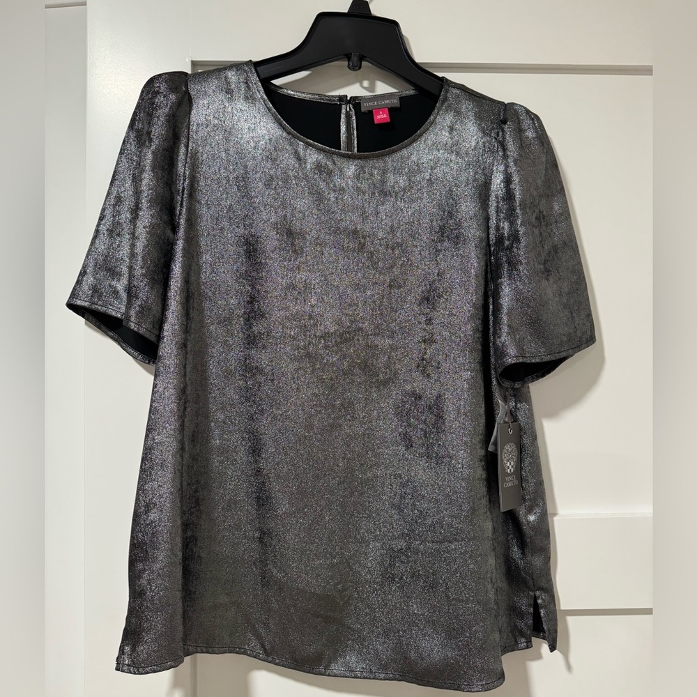 Vince Camuto Metallic Holiday Gray Blouse